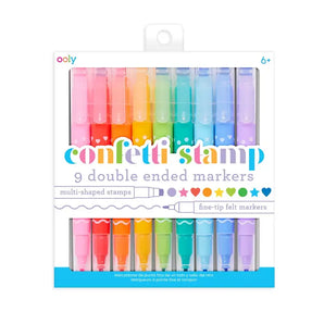 OOLYs Confetti Stamp Markers, a pack of 9, feature colorful caps with multi-shaped and fine tips for creating cute art.