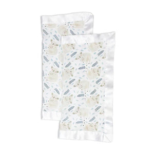 The Lulujo Inc. Security Blanket, Koala features two breathable muslin security blankets with a white satin border and 100% cotton composition, showcasing light blue and beige feathers, dots, and abstract shapes on a white background.