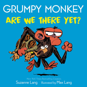 Grumpy Monkey is back looking grumpy while waiting with a smaller monkey, in Are We There Yet? by Random House.