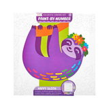 The Paint by Number, Happy Sloth kit by OOLY includes a vibrant sloth with a purple hue and flower crown on a rainbow branch. The package offers paint tubes, a palette, and brushes for your artistic exploration.