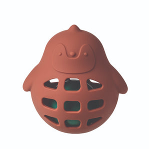 Mary Meyers Roly Rattle, Simply Silicone Penguin is a food-safe brown teething toy with grid openings and a dark green ball inside.