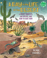 Illustrated cover of A Day in the Life of the Desert, a Random House book for young readers, with cacti and desert creatures.