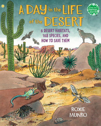 Illustrated cover of A Day in the Life of the Desert, a Random House book for young readers, with cacti and desert creatures.