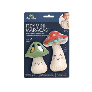 The Itzy Ritzy Itzy Mini Maracas come in a package with two adorable mushroom-shaped rattles—a green cap and a red cap, both filled with colorful beads. Designed for ages 0+, they promote rhythm development and motor skills.