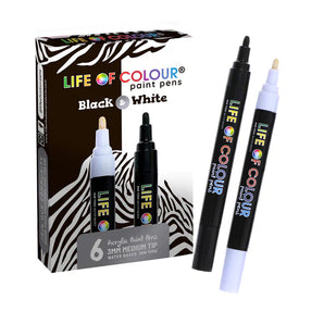 Life of Colour Acrylic Paint Pens, Black & White 3mm, non-toxic, medium-tip in zebra-striped packaging.