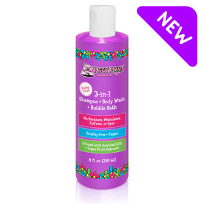 Bright purple 8 fl oz bottle of Piggy Paint 3-in-1 Shampoo + Body Wash + Bubble Bath with pig logo, floral design, and NEW label.