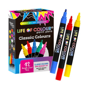 Life of Colour Acrylic Paint Pens set: 12 pens including red, blue & yellow are non-toxic. Labeled Classic Colors.