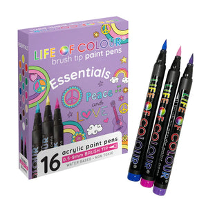 Box of 16 Life of Colour Acrylic Paint Pens in Essential Colors with peace and love elements; shown in pink, blue, and purple.