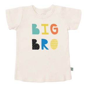 The Finn and Emma Organic Tee, Big Bro features a cream color with colorful BIG BRO letters, crafted from organic cotton.