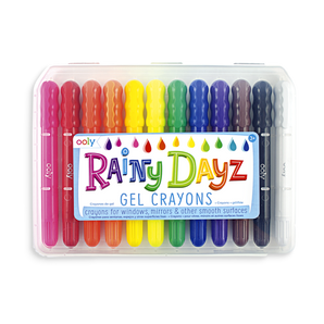 OOLYs Rainy Dayz Crayons offer vibrant, watercolor effects with gel crayons in rainbow order, all in a compact plastic case.