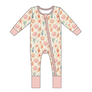 Emerson and Friends Sleeper: Sandy Seashells - buttery soft bamboo baby pajamas with seashells pattern, two-way zipper, pink cuffs.