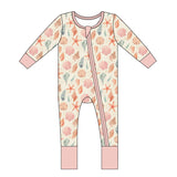 Emerson and Friends Sleeper: Sandy Seashells - buttery soft bamboo baby pajamas with seashells pattern, two-way zipper, pink cuffs.