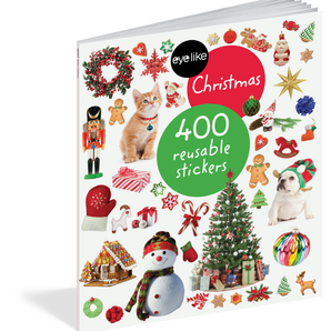 Hachette Book Groups Eyelike Stickers, Christmas features a festive cover with a cat, dog, snowman, and promises 400 reusable stickers.