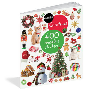 Hachette Book Groups Eyelike Stickers, Christmas features a festive cover with a cat, dog, snowman, and promises 400 reusable stickers.