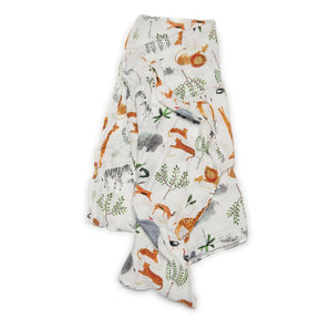 LouLou Lollipops Safari Jungle muslin swaddle features a colorful print of lions, giraffes, and zebras. OEKO-TEX Standard 100 certified.