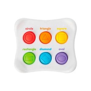 The Dimpl Duo by Fat Brain Toy Co teaches shape learning with labeled colored shapes: red circle, orange triangle, yellow square, green rectangle.