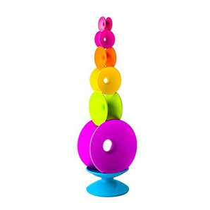 The Spoolz Stacking Toy by Fat Brain Toy Co features colorful, disc-shaped pieces in pink, orange, yellow, and green on a blue base.