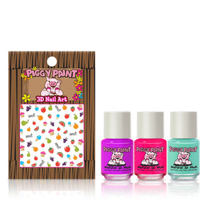 The Piggy Paint Happy Hands set offers cruelty-free, vegan nail polish in purple, pink, teal plus fun vibrant fruit stickers.