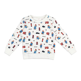 Lovedbabys Organic Sweatshirt, London Paddington: A white childrens sweatshirt with eco-friendly London-themed designs.