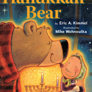 The Hanukkah Bear Board Book by Eric A. Kimmel, with illustrations by Mike Wohnoutka, is a humorous take on a classic Hanukkah tale featuring a smiling bear and an elderly woman near glowing menorah candles, possibly ready for some latkes. From Random House.