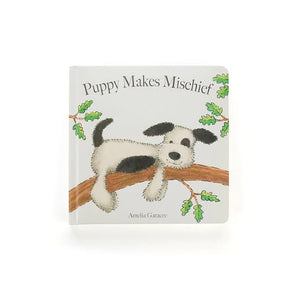 The Jellycat, Puppy Makes Mischief Book is a charming board book with a playful puppy illustration.