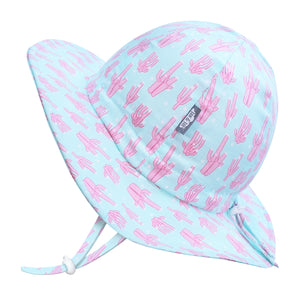 Jan and Jul Sun Hat, Coral: Gro-With-Me® design with pink cactus patterns, adjustable chinstrap, and UPF 50+ for a stylish summer.