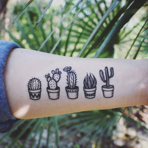 Desert lovers will adore the NatureTats Temporary Tattoo of five potted cacti—ideal for cactus tattoo enthusiasts.