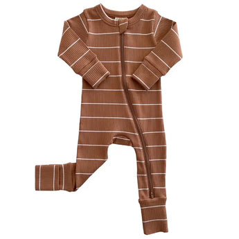 The cute Organic Romper, Saddle Stripe by SIIX Collection, is crafted from organic cotton with brown and white stripes. It features long sleeves, a 2-way zip from neckline to leg, and ribbed cuffs for comfort.