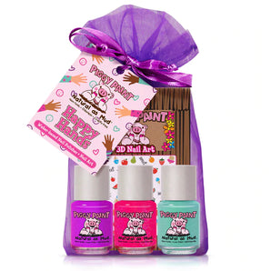 Piggy Paint, Gift Set Happy Hands: Purple drawstring bag includes 3 cruelty-free polishes and a booklet. Tags show details and designs.