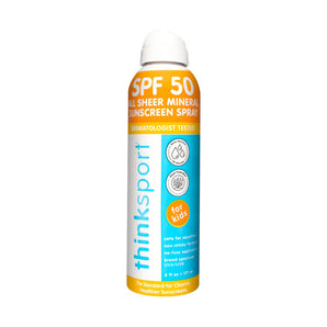 Thinksport Sheer Mineral Sunscreen Spray by Thinkbaby offers broad spectrum UVA/UVB protection, is non-sticky, water-resistant, and reef safe.