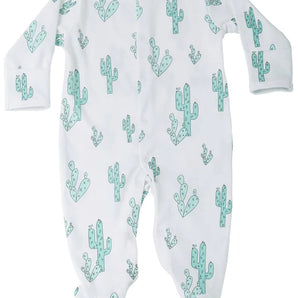 Noomies Footie: Soft Pima cotton onesie, green cactus print, footed with long sleeves for extra comfort.