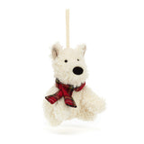 A fluffy white teddy bear ornament with a black nose and eyes, wearing a red plaid bow tie, hangs by a ribbon—ideal festive decor alongside your Jellycat Ornament Munro Scottie Dog, all set against a white backdrop.