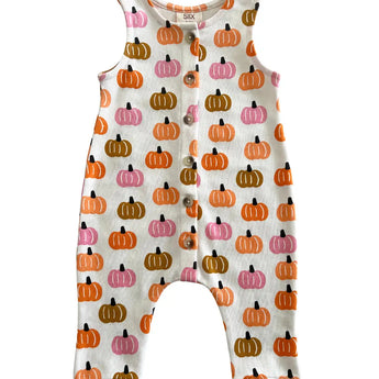 The SIIX Collections Organic Jumpsuit, Pink Pumpkin Patch is an adorable sleeveless baby romper made from 100% organic cotton. It features an orange, pink, and brown pumpkin pattern on white with front buttons for easy dressing and is proudly made in India.