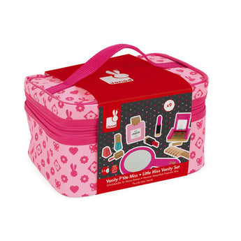 The Janod Juratoys Vanity Case has a red top and floral patterns, featuring a mirror, pretend makeup items, and a handle. It encourages imaginative play with images of pretend cosmetics for hours of fun.