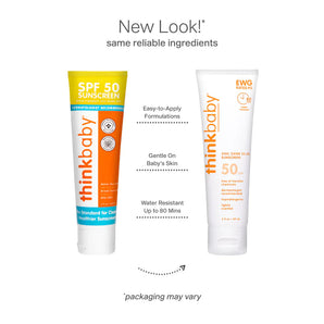 Two Thinkbaby, Kids Sunscreen tubes with SPF 50. Gentle, water-resistant UVA/UVB protection for your babys skin.