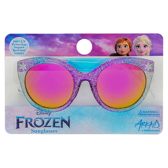 These lively Arkaid Sunglasses by Sunstaches offer pink and purple glittery cat-eye frames with UV protection. The packaging highlights Disneys Frozen characters, emphasizing the stylish design and impact-resistant lenses.