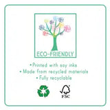 An eye-catching eco-label resembling jigsaw pieces with a tree and colorful leaves on Floss and Rocks 40 Piece Puzzle, Cars reads: Printed with soy inks, made from recycled materials, fully recyclable, featuring recycling and FSC logos.