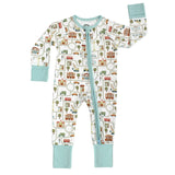 Sleeper, Lets Go romper by Emerson and Friends: buttery soft with cityscape design, teal cuffs, and two-way zipper.