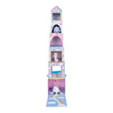 The Floss and Rock Stack and Play, Fantasy set is a tall wooden toy with five pastel-colored pieces adorned in rainbow patterns. It features playful designs, including a cat, dolls face, and car images, creating a whimsical tower perfect for child-friendly imaginative play.