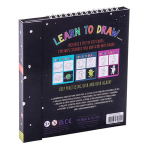 Back cover of Floss and Rocks Learn to Draw, Space kit with reusable cards, colored pens, and space graphics on a mini wipe board.