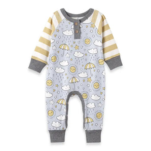 The Tesa Babe Baby Showers romper has yellow and white striped sleeves, a light gray background with suns, clouds, and umbrellas, two front buttons, and is made from eco-friendly materials with gray cuffs and neckline for your babys comfort.