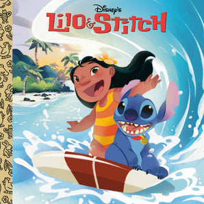 Lilo & Stitch surf joyfully on a wave, just like in the Lilo & Stitch Hardcover Book by Random House.