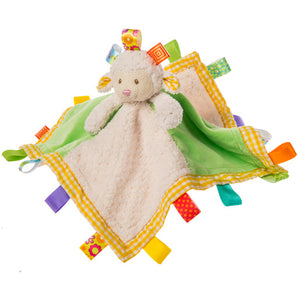 The Mary Meyer Sherbet Lamb Character Blanket has a plush lamb on satin-lined fabric with vibrant tags along the edges.