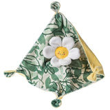 The Sweet Soothie Blanket, Daisy by Mary Meyer is a soft, green, and yellow blanket featuring a smiling plush daisy flower at the center. It has a leafy watercolor print and knotted corners for added charm.