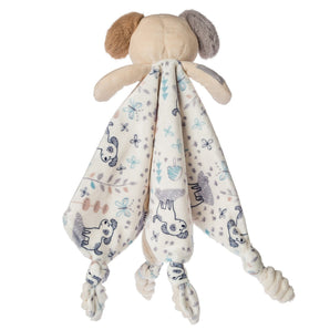 Mary Meyers Sparky Puppy Character Blanket has floppy ears, knotted corners, and a playful dogs, bees, and leaves pattern.