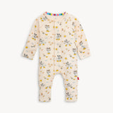 Magnetic Mes Mickeys Brunch Bunch beige onesie features eco-friendly TENCEL™, multicolored animals, rainbow trim, and magnetic closures.