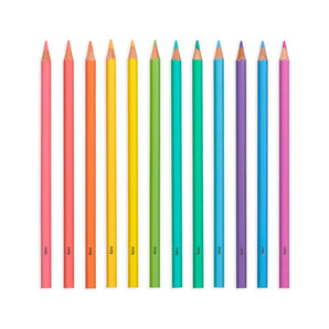 OOLYs Colored Pencils in Pastel Hues feature 12 delicate shades, including soft red, orange, yellow, green, blue, and purple.