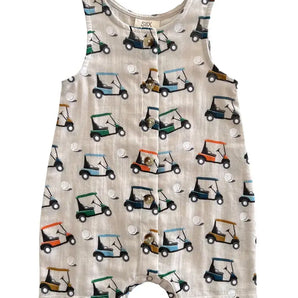 The SIIX Collection Organic Shortie features golf cart prints—ideal sleeveless romper for summer fun.