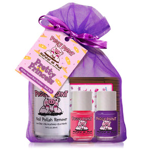 Piggy Paint Gift Set Pretty Princess: Includes pink & purple Kid-safe, non-toxic polish & remover in a cartoon pig purple gift bag.