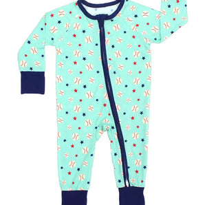 Emerson and Friends Mint Green Sleeper, Baseball Buddies: buttery soft bamboo with navy cuffs & 2-way zipper. Features baseball & star pattern.